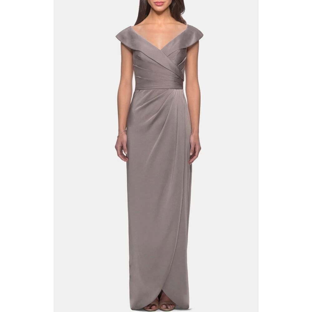 LA FEMME 25206 Ruched Long Jersey Maxi Dress Women's 4 Gray NWT